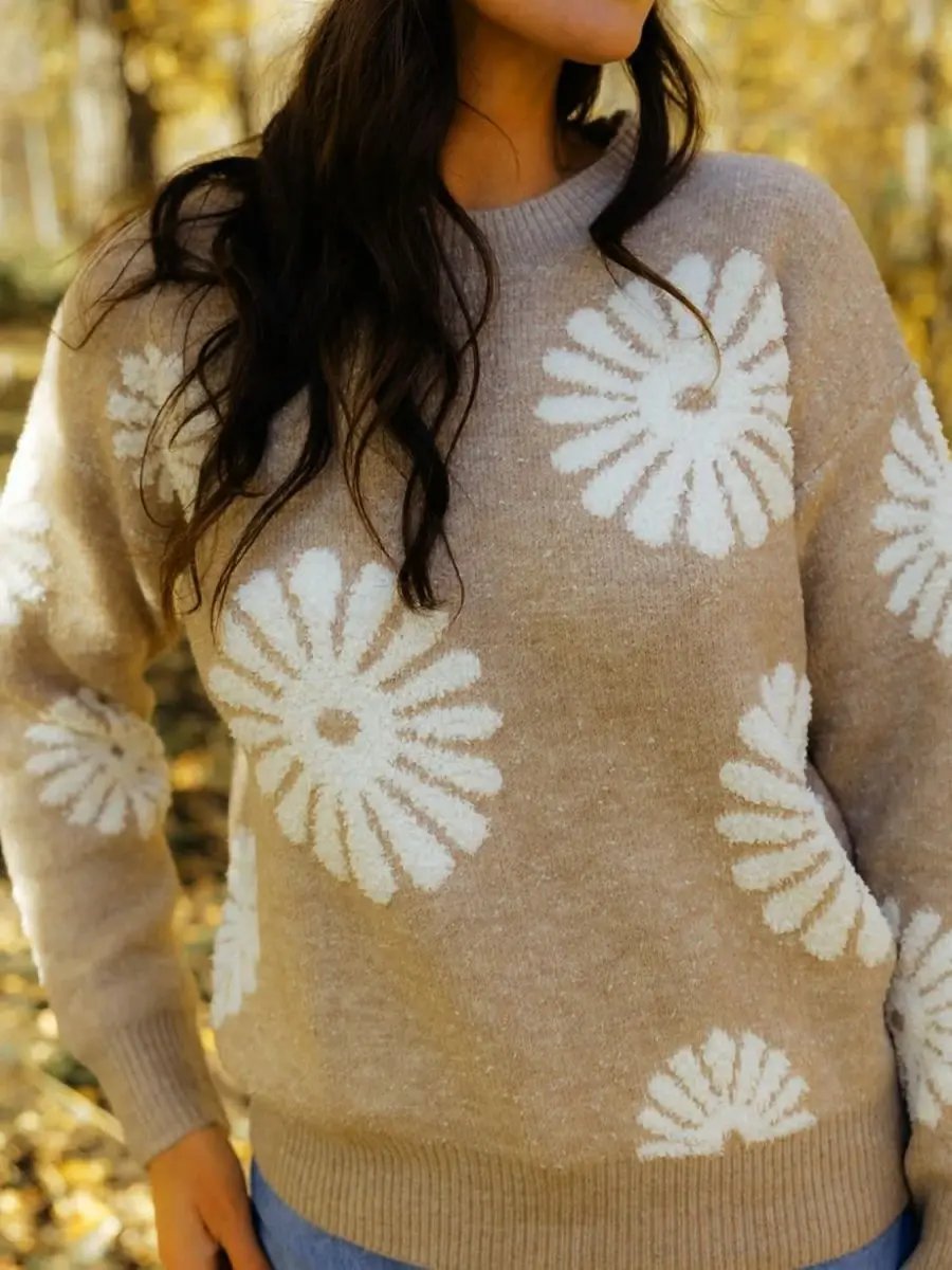 Perfee Flower Round Neck Long Sleeve Sweater - Love Salve